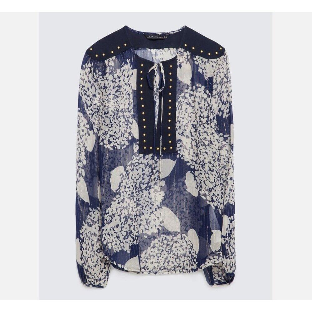 Zara Mulberry Silk Navy/Ecru Long Sleeve Blouse with Studs Women's Size Medium N - Picture 10 of 16